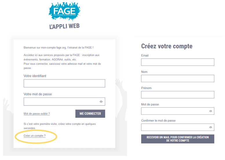 Page de connexion de la FAGE avec le lien Créer un compte